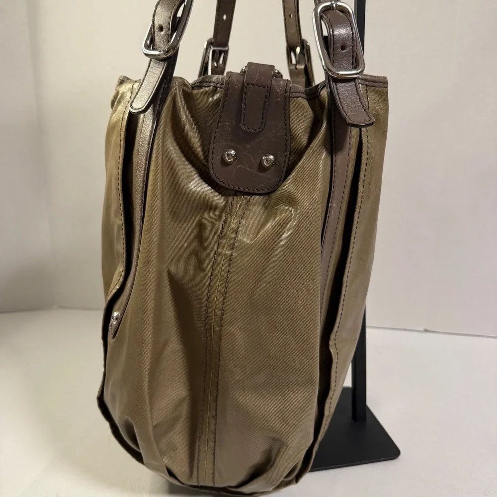 Tod's Shoulder Bag Medium Bronze Coated Canvas Leather Trim Tote + Luxury Hobo
